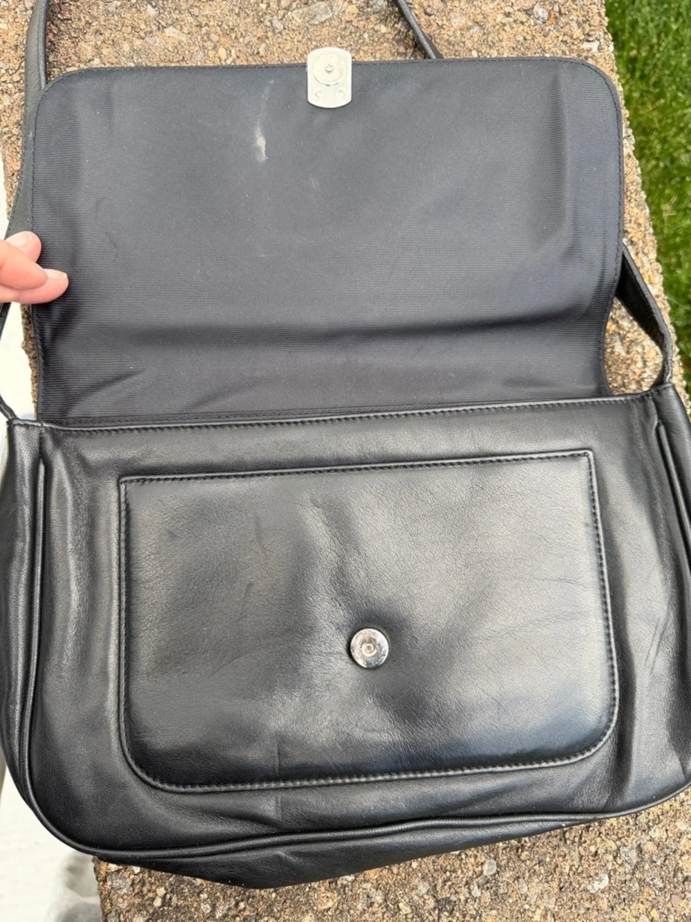 Lauren Ralph Lauren Black Leather Messenger Bag with Silver Hardware